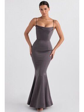 House of CB Violette Shadow Satin Fishtail Gown Grey Size US 10-12/ L+